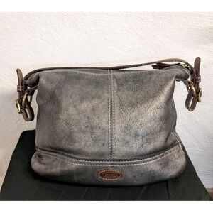 Fossil Leather Hobo Purse Tote Shoulder Bag Black Brown Silver Metallic Zipped
